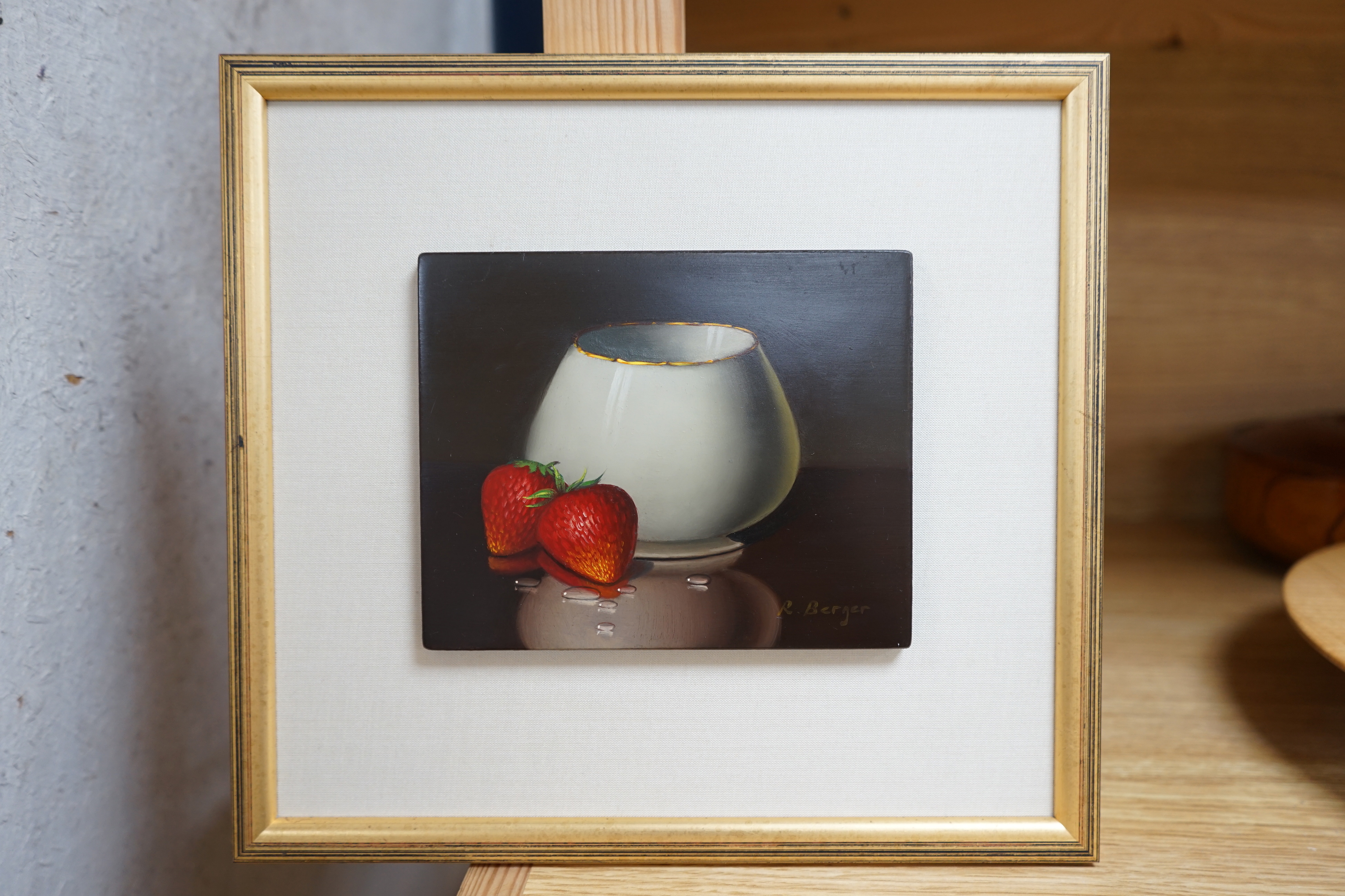 Ronald Berger (Austrian, b.1943), oil on board, Still life of strawberries before a vessel, signed, 12 x 15cm